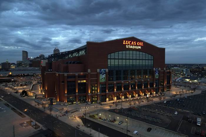Mar 2, 2022; Indianapolis, IN, USA; A general overall aerial view of Lucas Oil Stadium, the home of the Indianapolis Colts and the site of the 2022 NFL Scouring Combine. Mandatory Credit: Kirby Lee-USA TODAY Sports